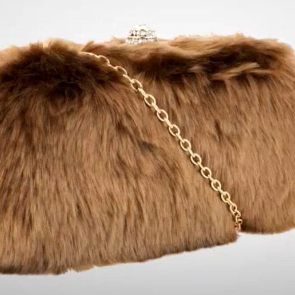 Joan Rivers Brown faux fur clutch with removeable chain strap